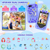 A purple kids smartphone toy featuring dual cameras, video recording, and a cute sticker design with various learning sticker