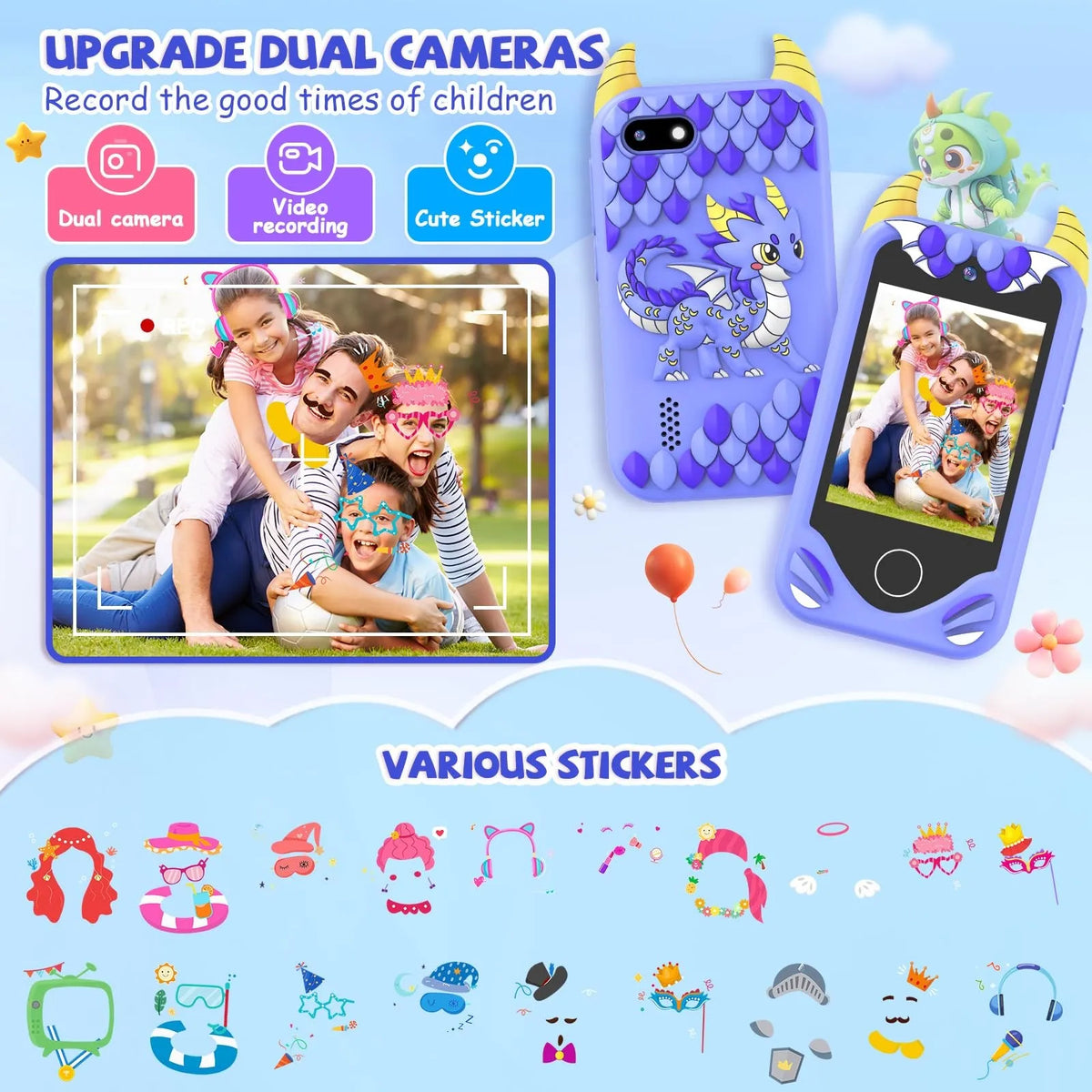 A purple kids smartphone toy featuring dual cameras, video recording, and a cute sticker design with various learning sticker