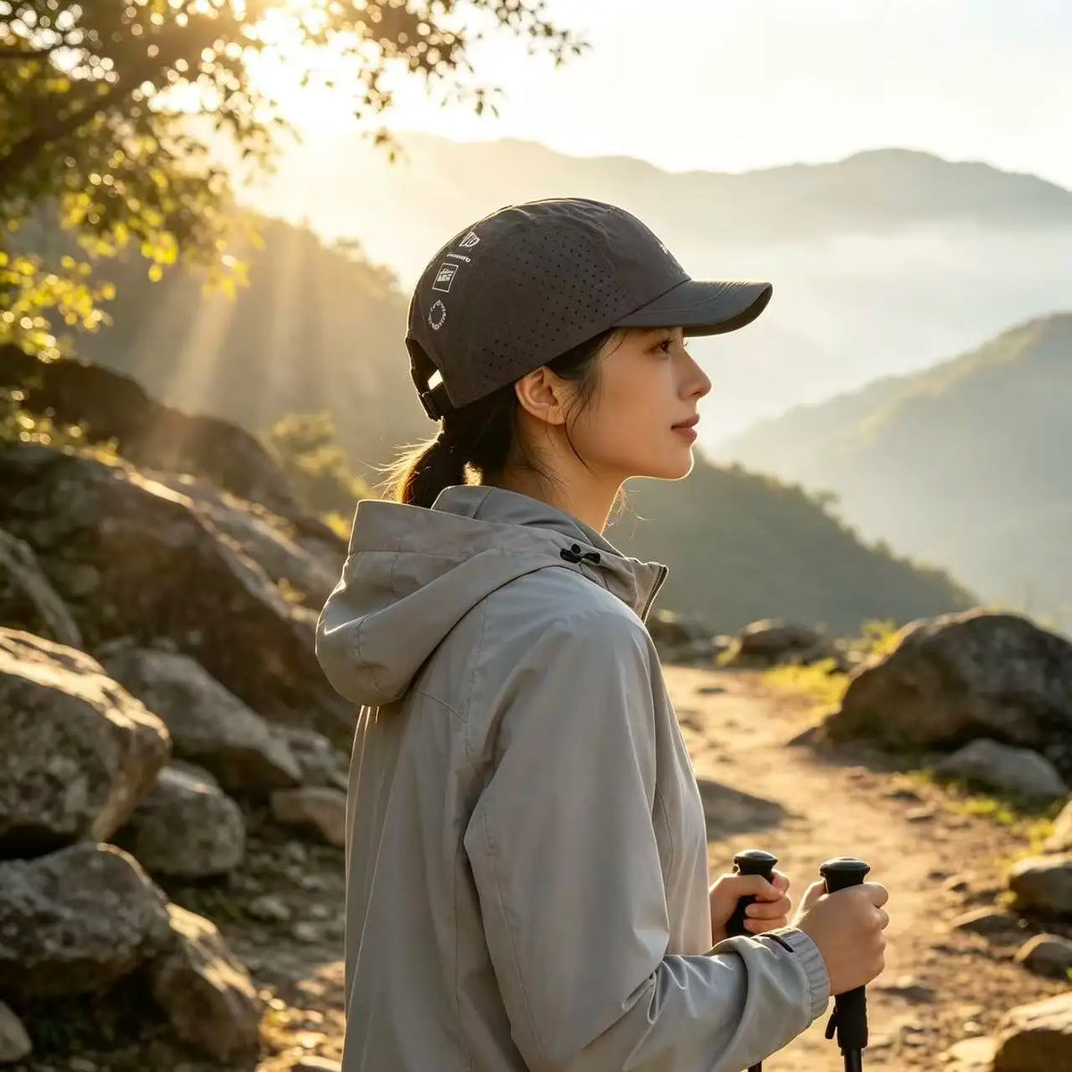 A woman wearing a gray hoodie and a black baseball cap stands outdoors with mountains in the background during sunset.