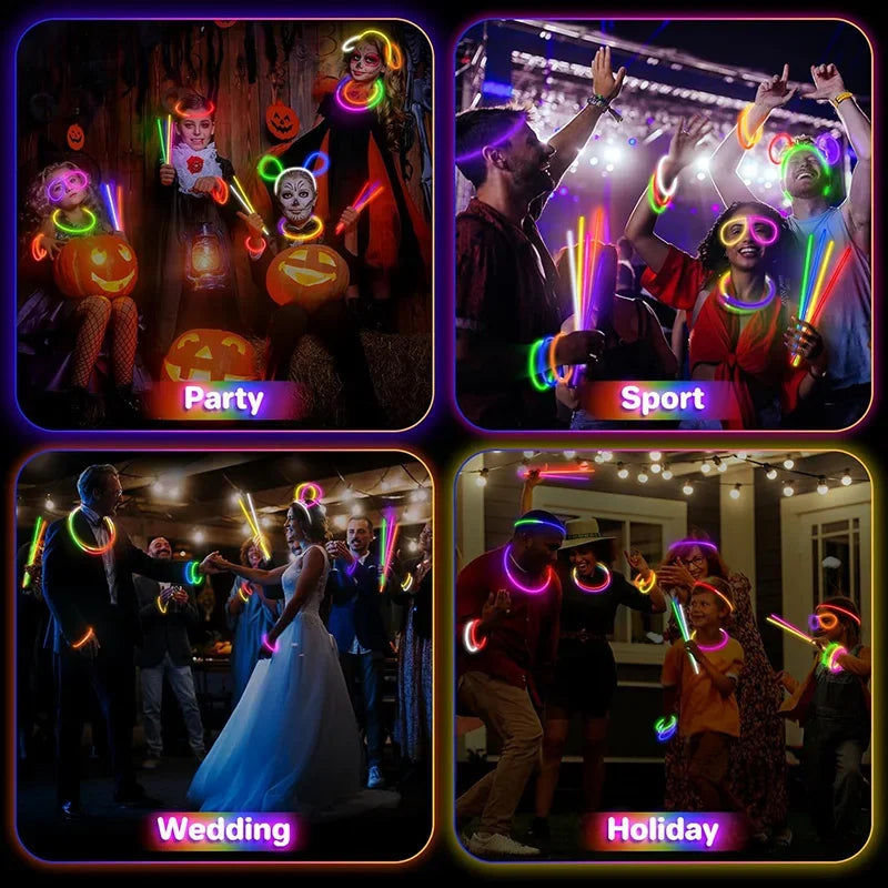 A collage of four scenes showing glow stick parties, sports events, weddings, and holidays.