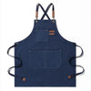 Navy blue cotton canvas apron with cross-back straps and multiple pockets