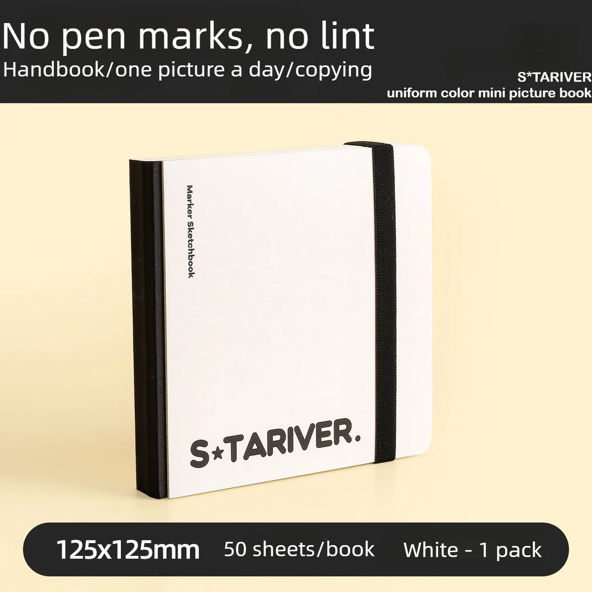 A white sketchbook titled S*TARIVER with a black band, shown against a light background.
