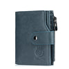 A dark gray men's genuine leather RFID blocking wallet with a coin pocket and a lion emblem.