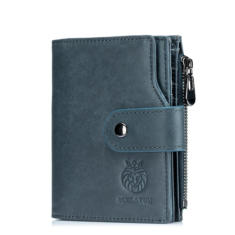 A dark gray men's genuine leather RFID blocking wallet with a coin pocket and a lion emblem.