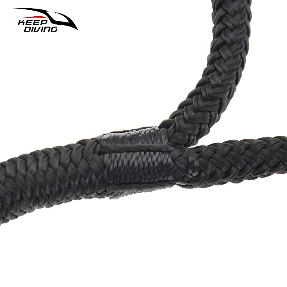 Close-up view of black double braid nylon dock lines used for boats.
