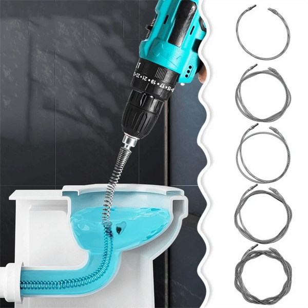Herramienta de resorte eléctrica para limpiar desagües, insertándose en un desagüe de lavabo blanco.