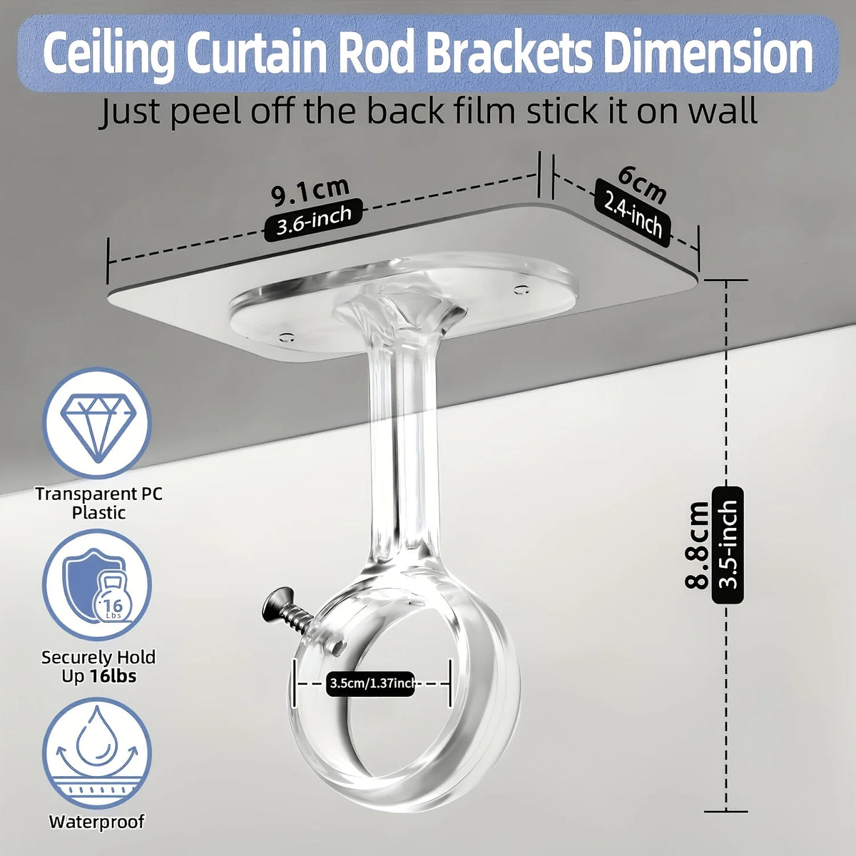 Clear plastic ceiling curtain rod brackets with a transparent silicone rod and adhesive backing for wall mounting
