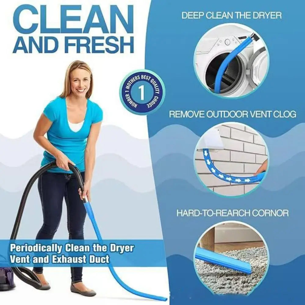 A person is using a flexible vacuum hose to clean a dryer vent and exhaust duct.