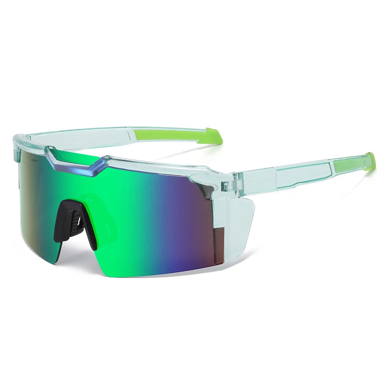 A pair of green-framed polarized sports sunglasses with mirrored green and purple lenses.