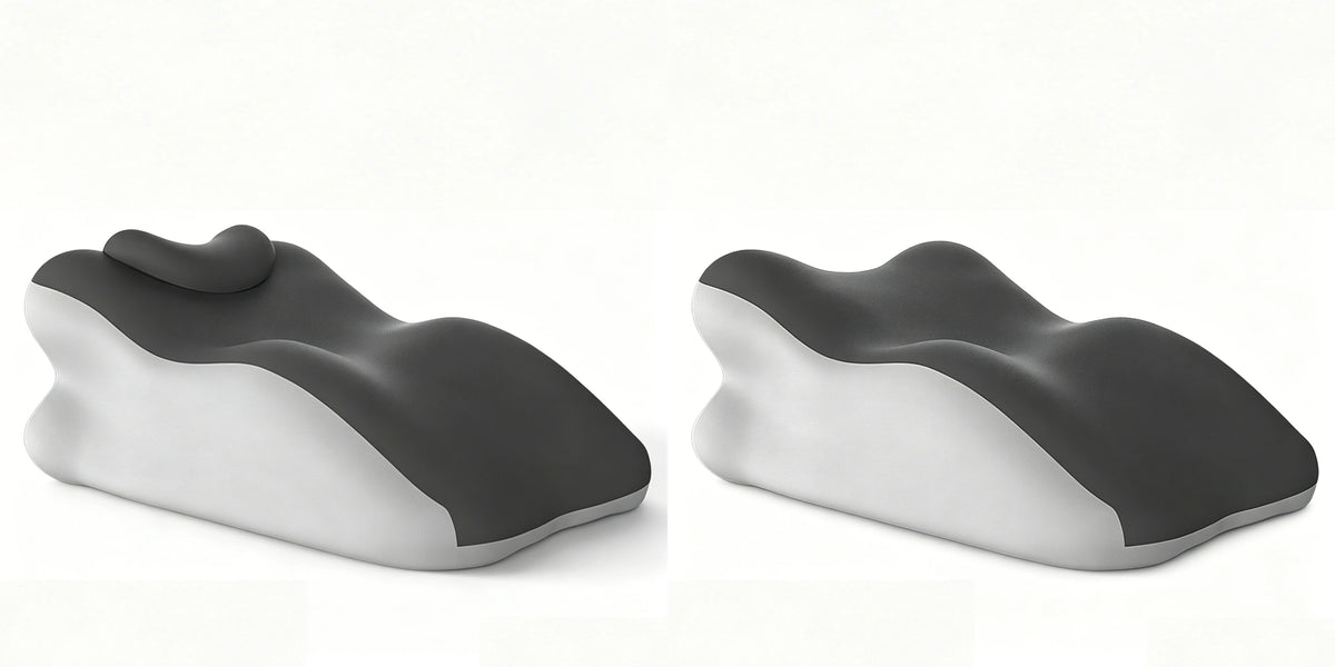 A side view of a gray and white ergonomic memory foam wedge pillow with a detachable head rest.