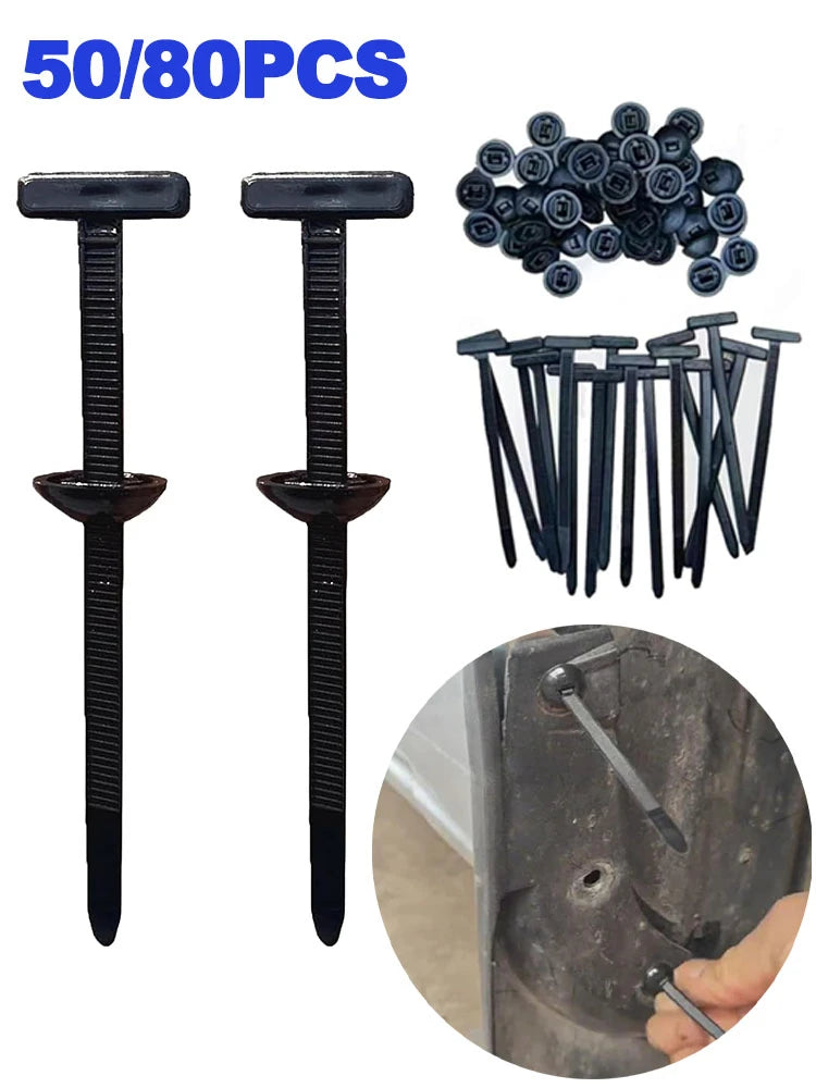 A set of 50/80 pieces of black self-locking nylon cable ties with push clips and a close-up of the tie being used on a metal 