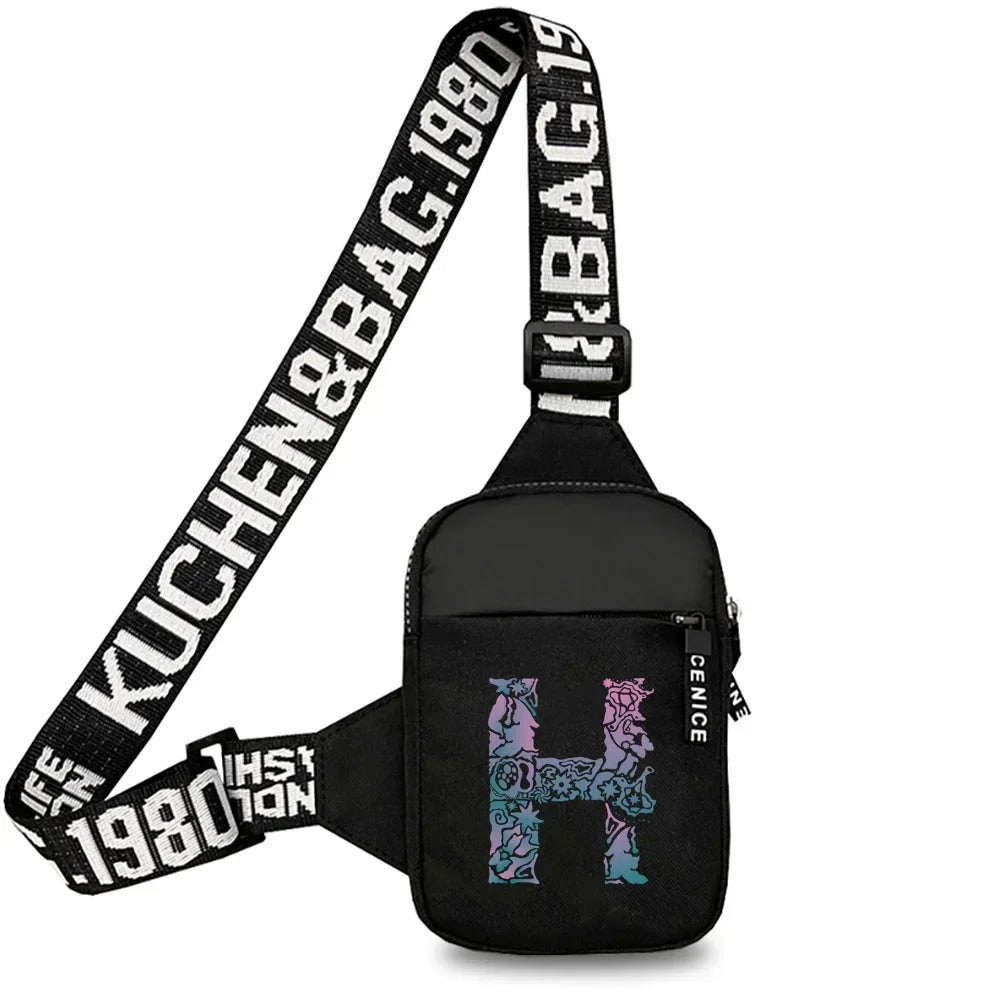 Black canvas chest bag with a wide strap featuring the text KUCHEN&BAG.1980