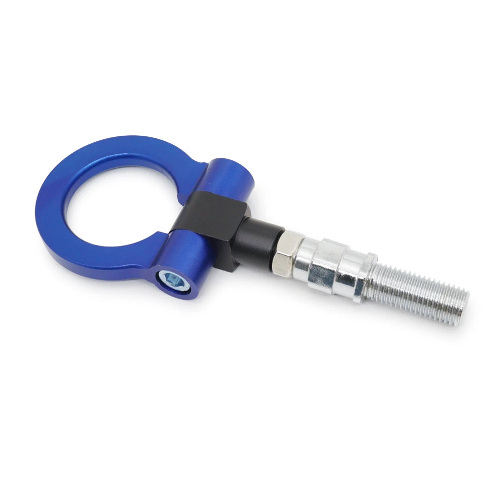 A blue universal racing tow hook with a threaded metal attachment.