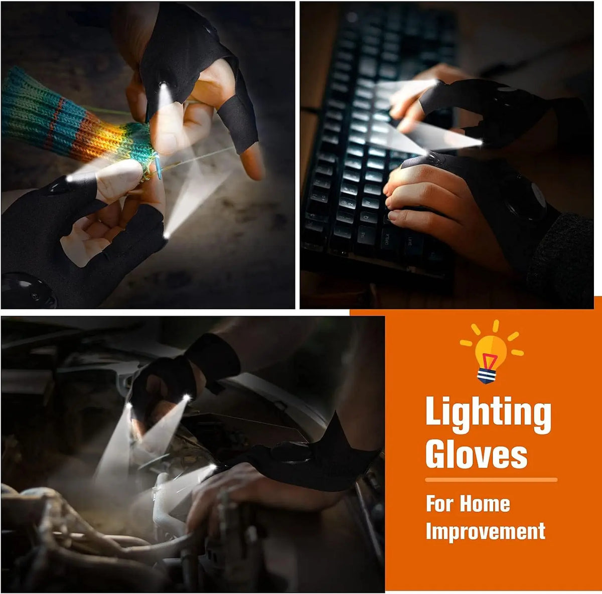 Close-up of hands using waterproof LED half-finger gloves to perform tasks like typing and cleaning.