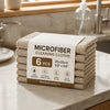 A stack of six beige microfiber cleaning cloths labeled as premium quality with dimensions 25x25cm.