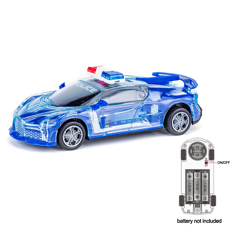 A blue police car toy with lights and sounds, shown next to its battery pack.