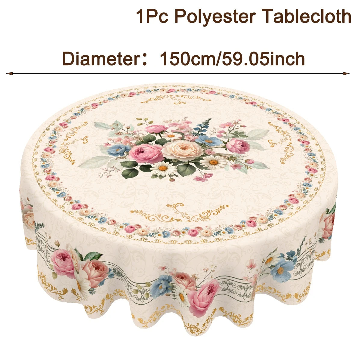 A round polyester tablecloth with a vintage floral pattern featuring pink, peach, and blue flowers.