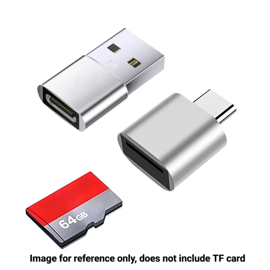 A silver compact dual-interface memory card reader and a 64GB memory card are shown.