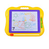 A yellow magnetic drawing board for kids with a purple surface and an attached green pencil.