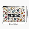 A white canvas storage pouch filled with various medical-themed items like pills and tools.