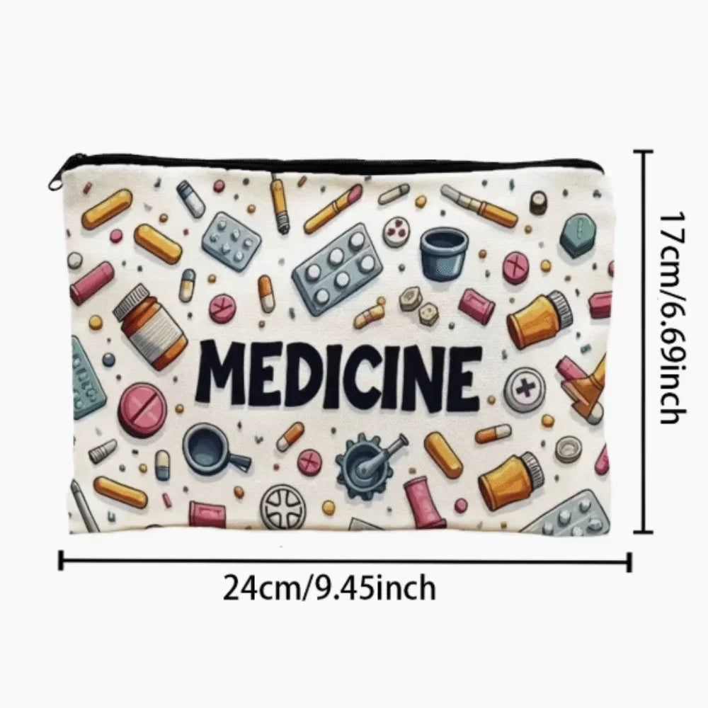 A white canvas storage pouch filled with various medical-themed items like pills and tools.
