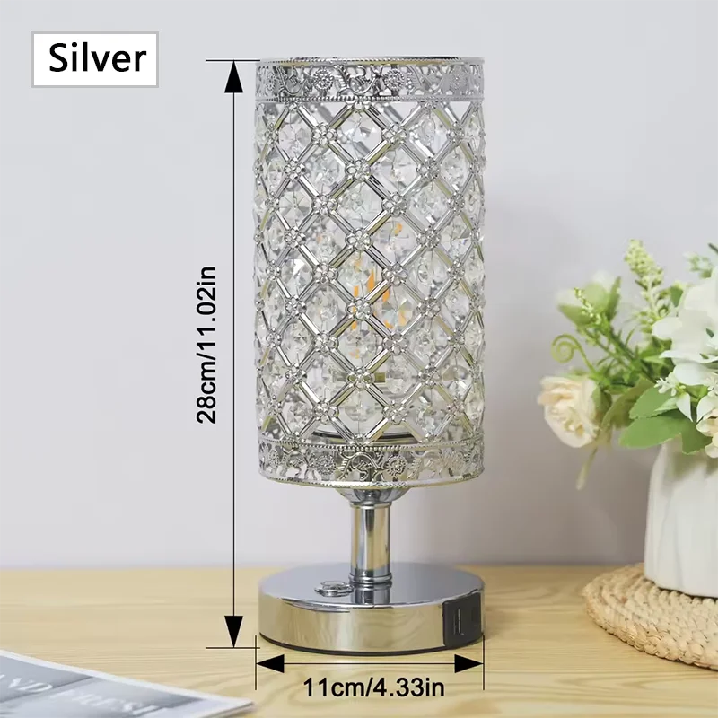 Silver crystal touch-sensor table lamp with USB charging ports on a wooden surface