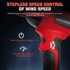 Close-up of a red cordless handheld turbo blower with variable speed control features.