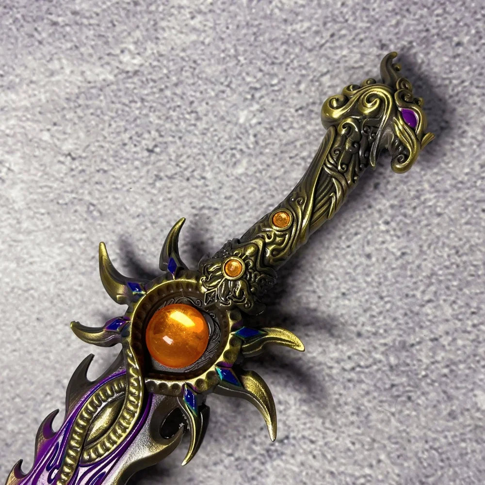 A full-size collectible metal katana sword inspired by Naraka Bladepoint featuring intricate gold and purple detailing.