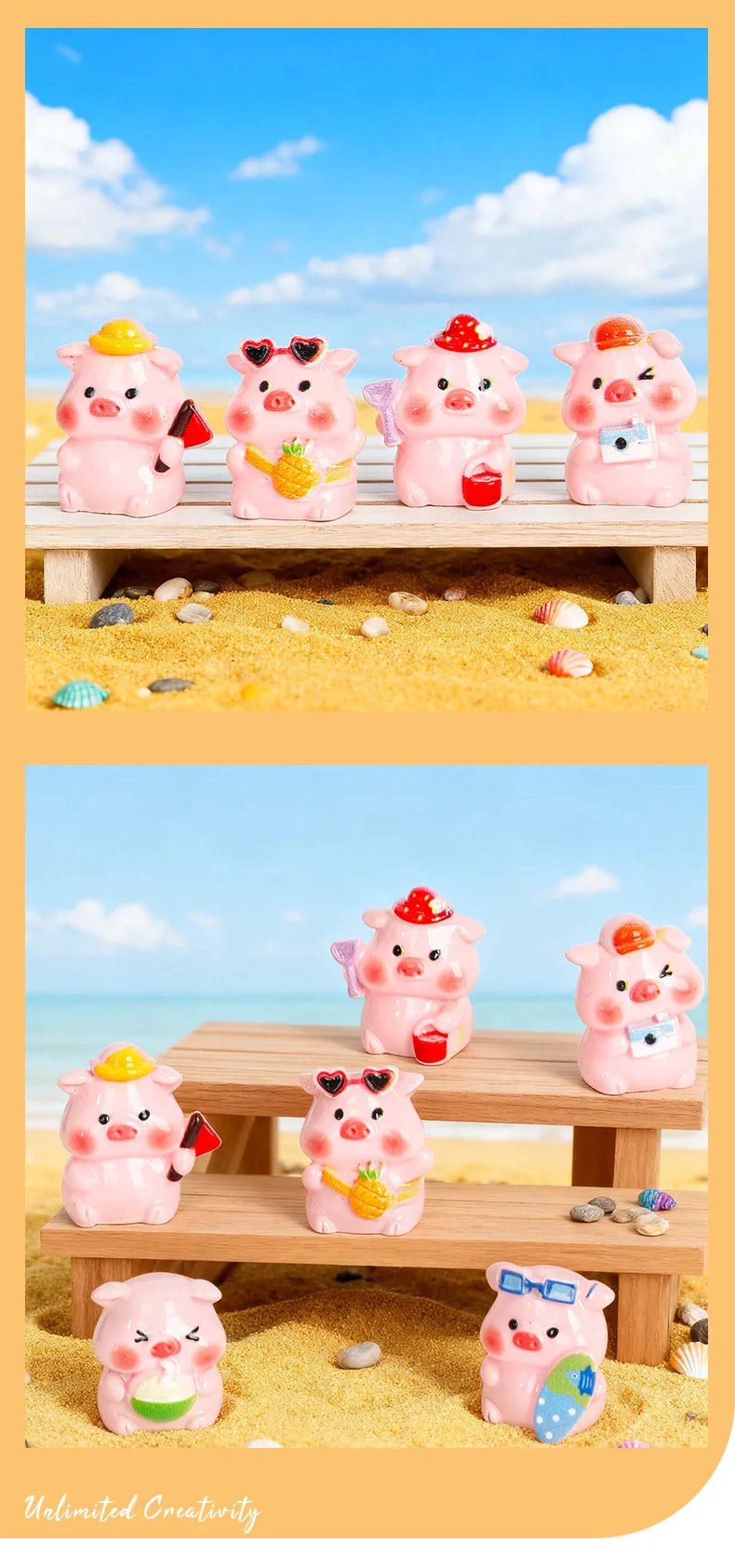 Pink resin pig figurines in various poses and colors displayed on a wooden surface with yellow sand.