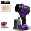 Purple cordless turbo leaf blower with brushless motor and packaging box shown next to a battery warning