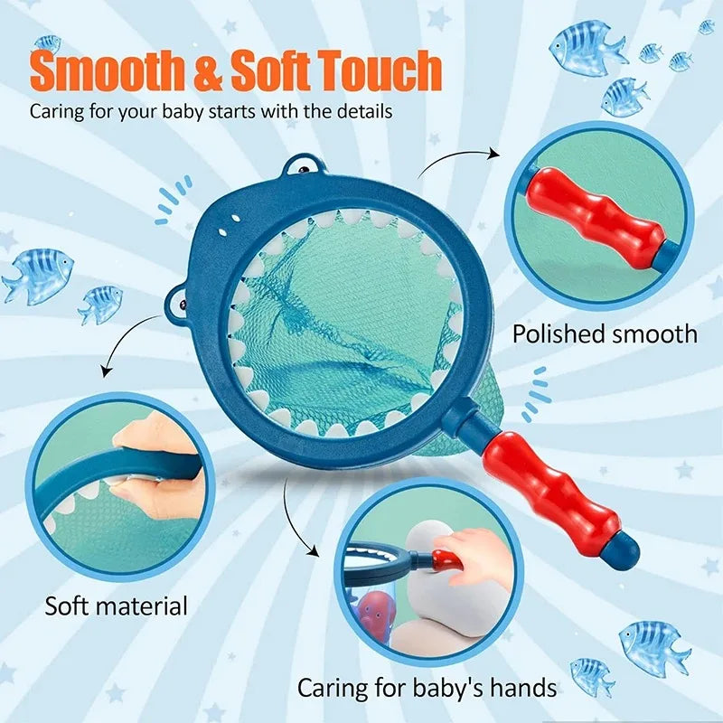 A close-up of a blue floating bath toy with a net, showing smooth material and care for baby's hands.