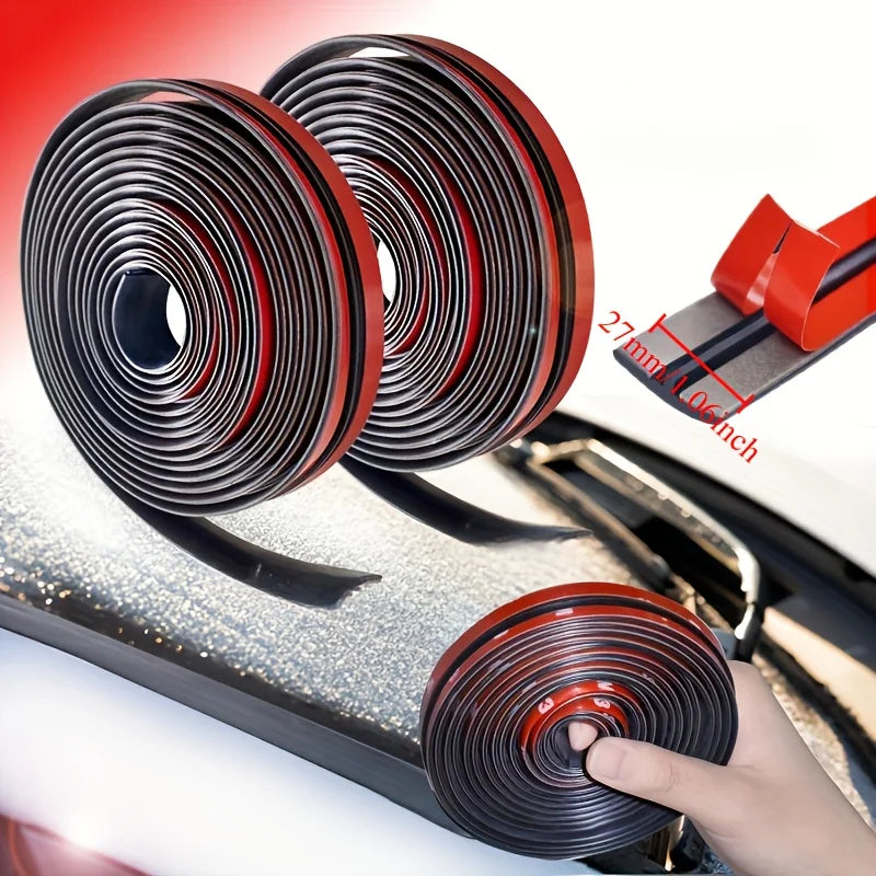 A hand is shown tightening a T-shaped rubber car windshield seal strip for roof edge gap protection.