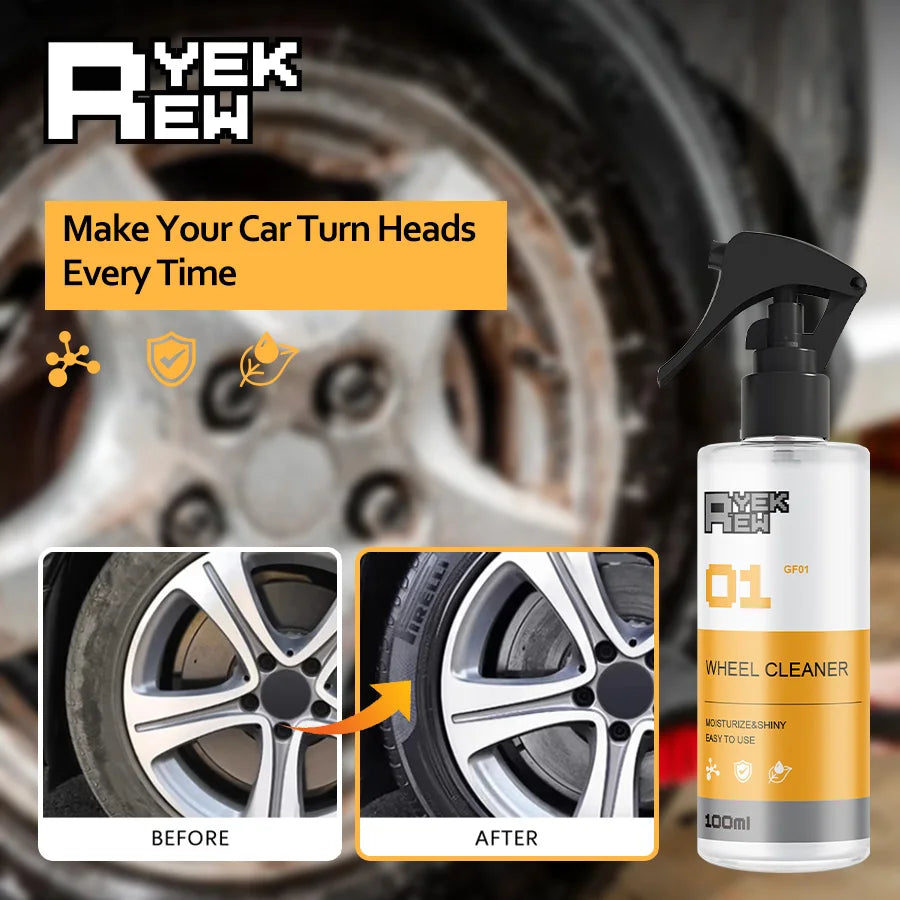 A bottle of YEKREW wheel cleaner is shown next to a car wheel, illustrating before and after cleaning results.