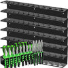 Black wall-mounted tool organizer holding various pliers, screwdrivers, and wrenches.