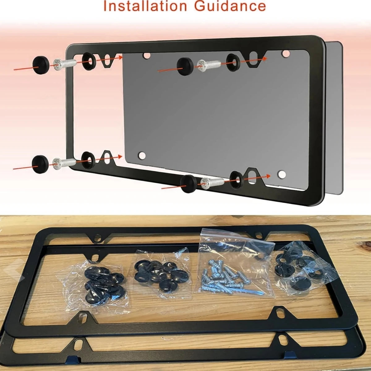 Installation guidance showing how to install a slim stainless steel license plate frame with a mirror chrome finish.