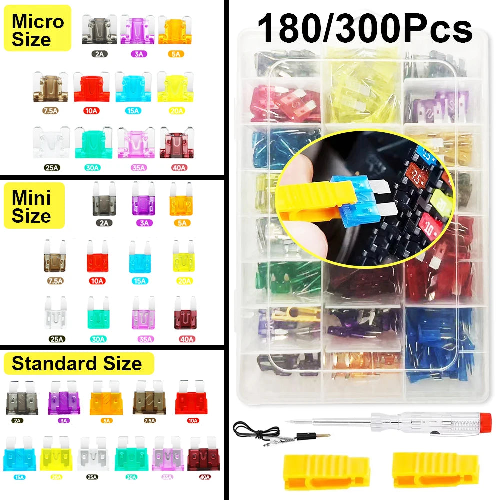 Storage box of complete car blade fuse assortment kit with fuses ranging from 2A to 35A in various colors