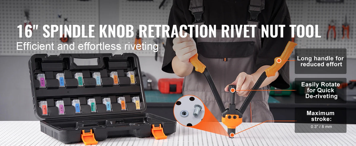A person holds an orange and black 16-inch spindle knob rivet nut tool kit for efficient riveting.