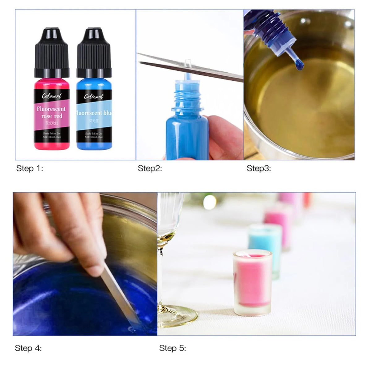 A five-step process showing the creation of colored liquid candle dye using fluorescent rose red and fluorescent blue dyes.