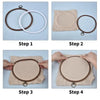 A four-step process showing how to assemble a wooden embroidery hoop set for cross-stitch and needlework.