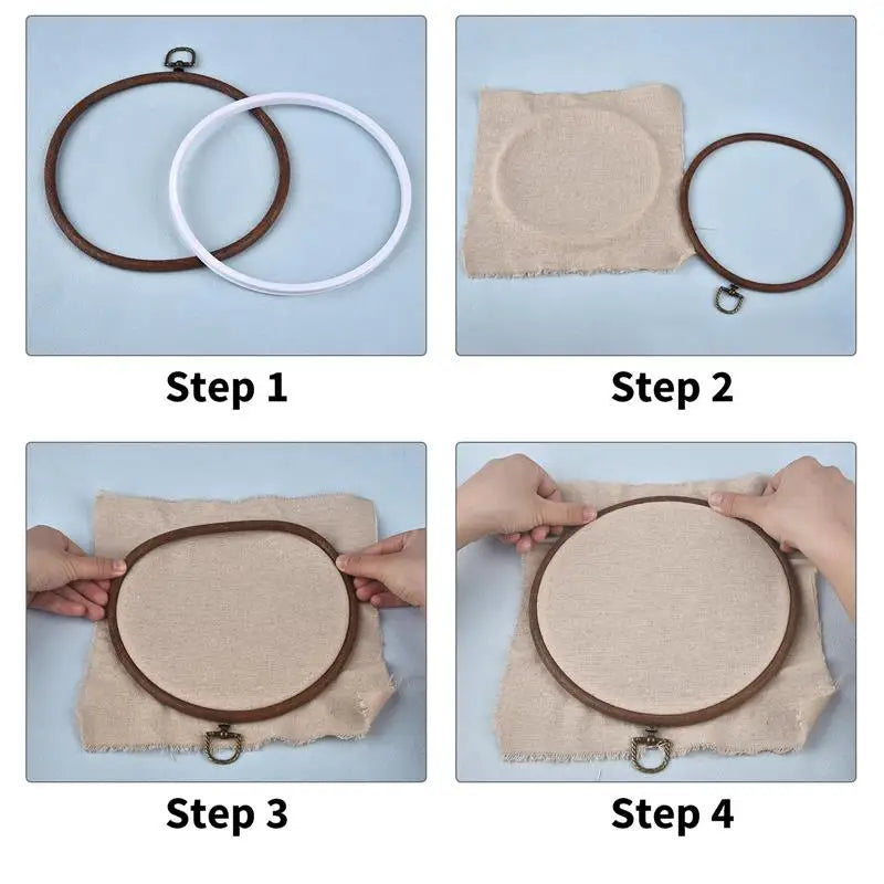 A four-step process showing how to assemble a wooden embroidery hoop set for cross-stitch and needlework.