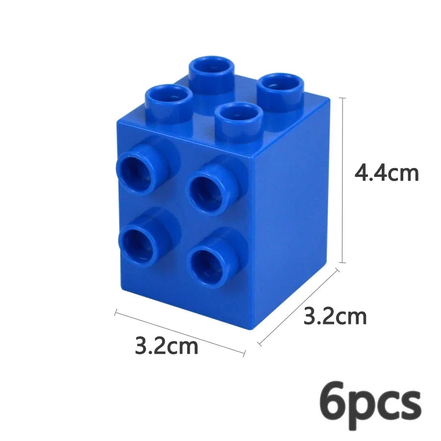 A set of six blue chunky building blocks with circular holes for connection.
