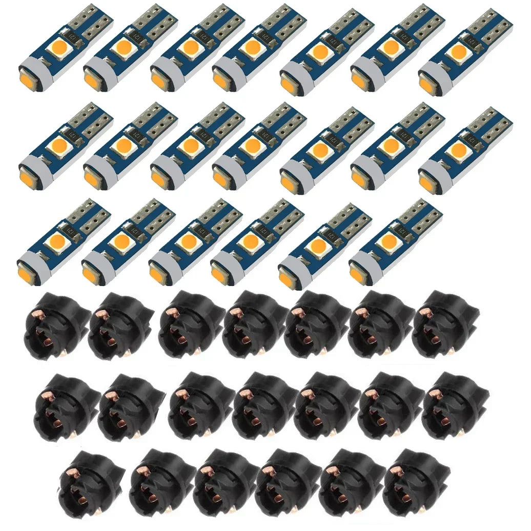 A collection of T5 LED instrument panel bulbs with twist lock bases in a 20-pack.