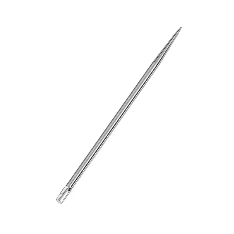 A silver leather sewing awl set with replaceable needles shown diagonally.
