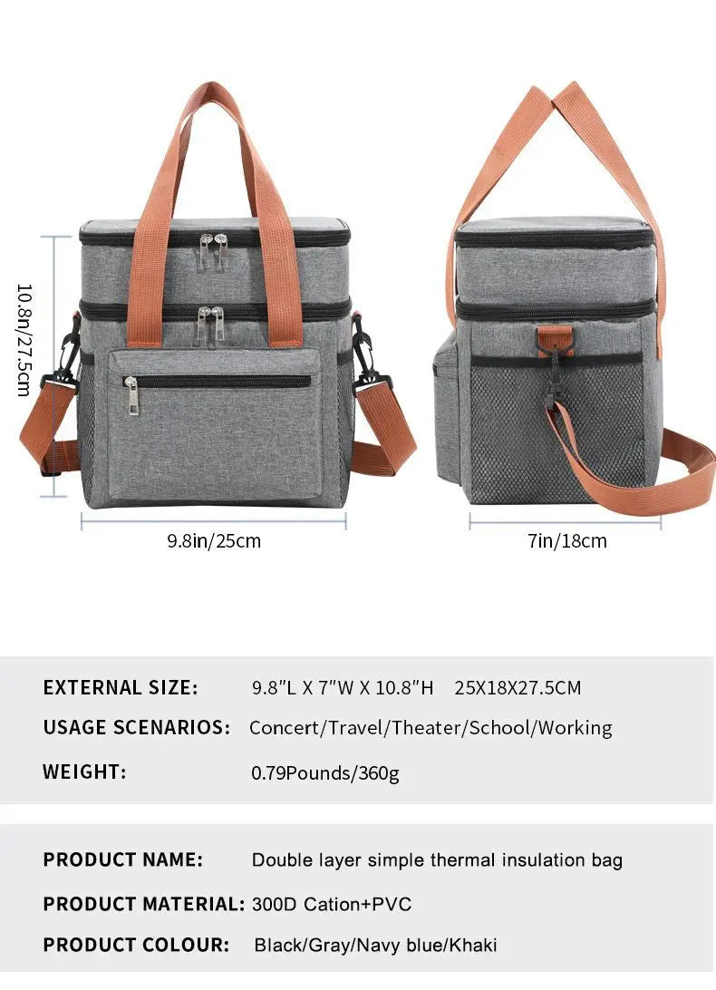 Insulated Double-Layer Lunch Tote with Shoulder Strap