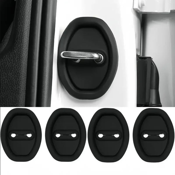 Black silicone door lock protector covers for car doors shown in various views