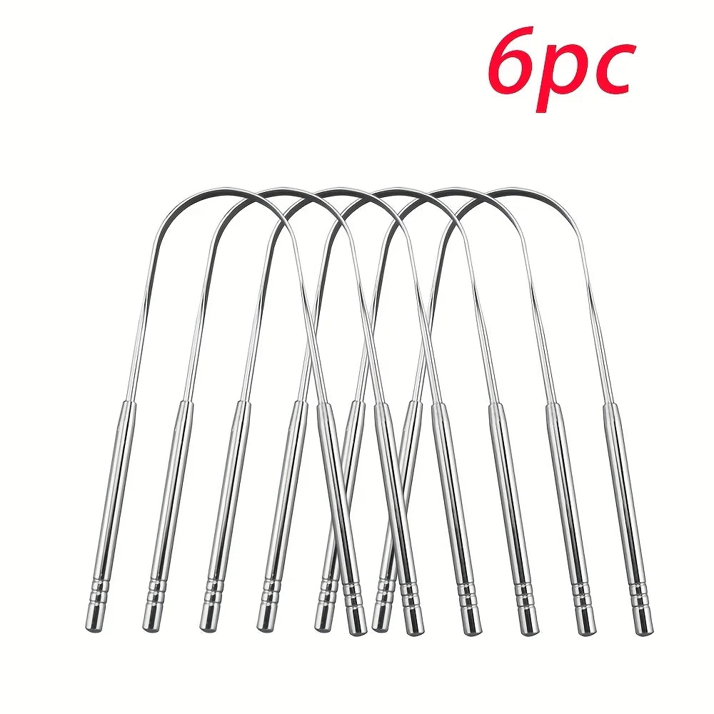 A set of six stainless steel tongue scrapers for fresh breath