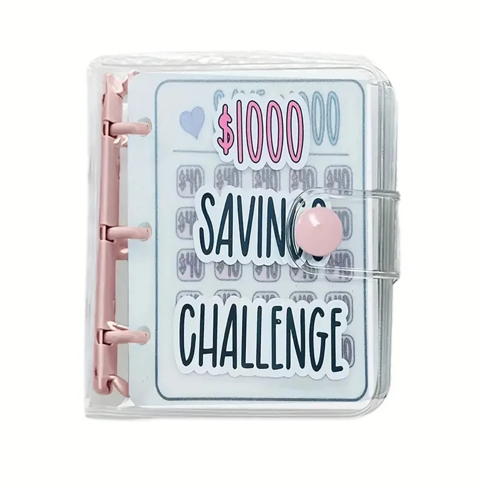 A clear plastic binder for a cash savings challenge with envelope storage featuring the text $1000 savings challenge