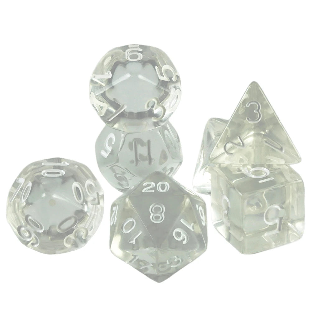 A set of seven transparent crystal polyhedral dice used for tabletop role-playing games