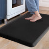 A person's feet are standing on a black anti-fatigue mat placed on a light wooden floor near a white appliance.