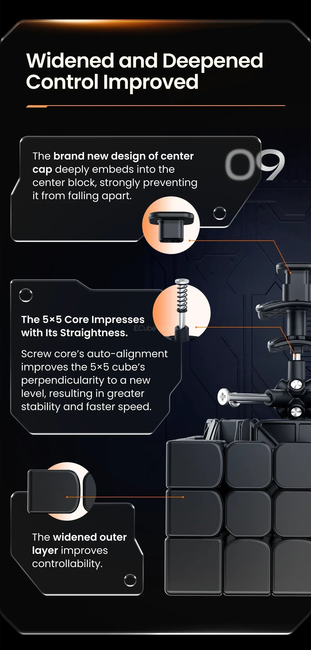Close-up view of a black magnetic speed cube showing design improvements and stability features.
